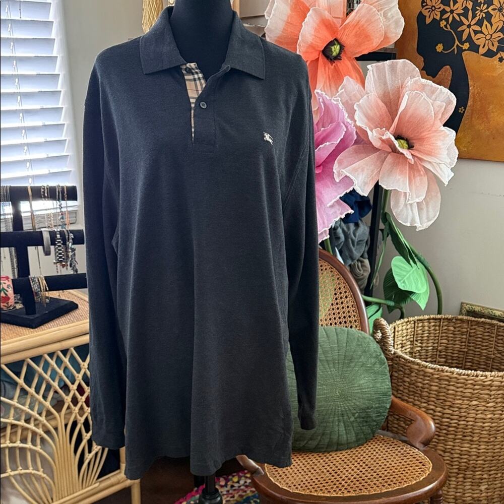 Vintage Men’s Burberry London Charcoal Gray Long Sleeve Classic Polo Shirt